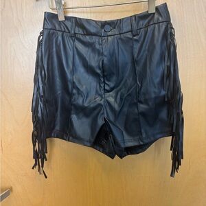 Black Faux Leather Fringe Shorts